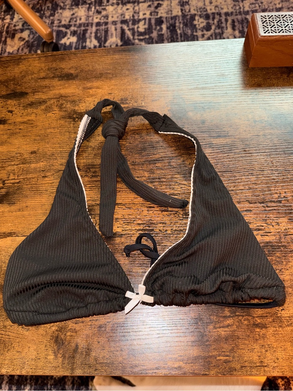 Black Ribbed Halter Bikini Top with White Trim